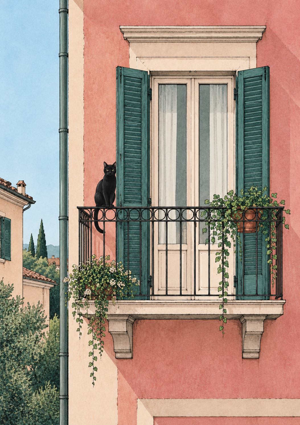 Full vertical artwork of a black cat on an Italian balcony with green shutters, flowers, and a warm terracotta facade
