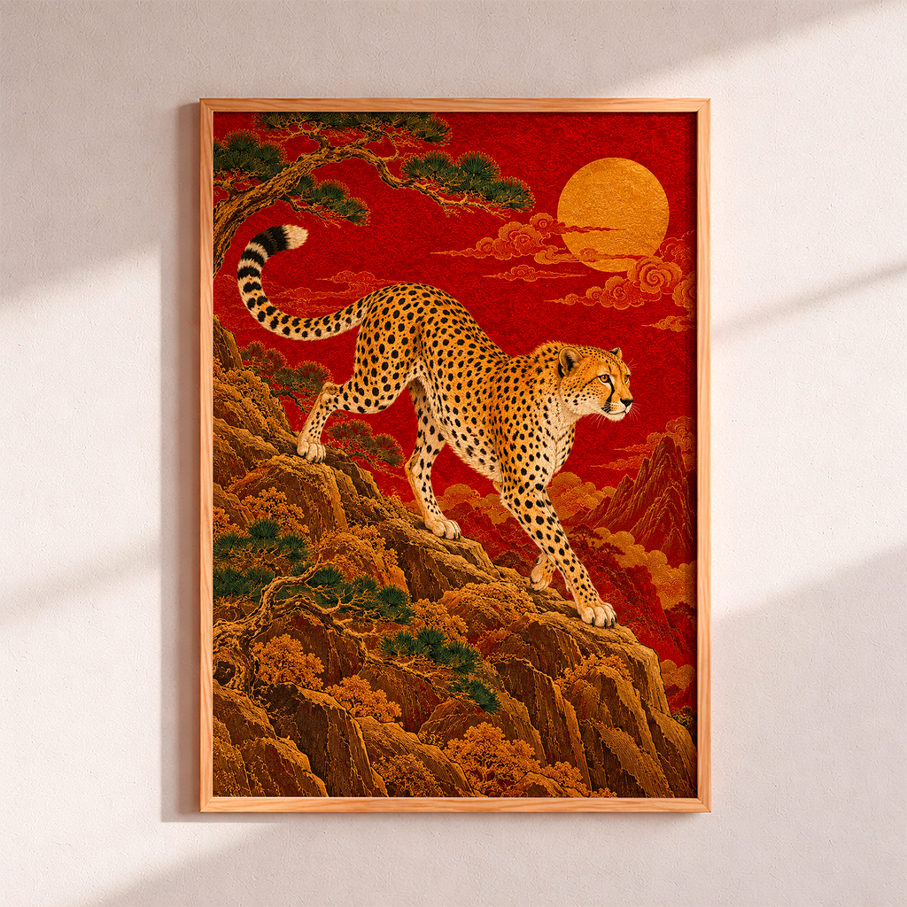 Japanese Cheetah Wall Art – Red and Gold Oriental Wildlife Poster, Vintage Asian Landscape Print