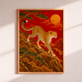 Japanese Cheetah Wall Art – Red and Gold Oriental Wildlife Poster, Vintage Asian Landscape Print