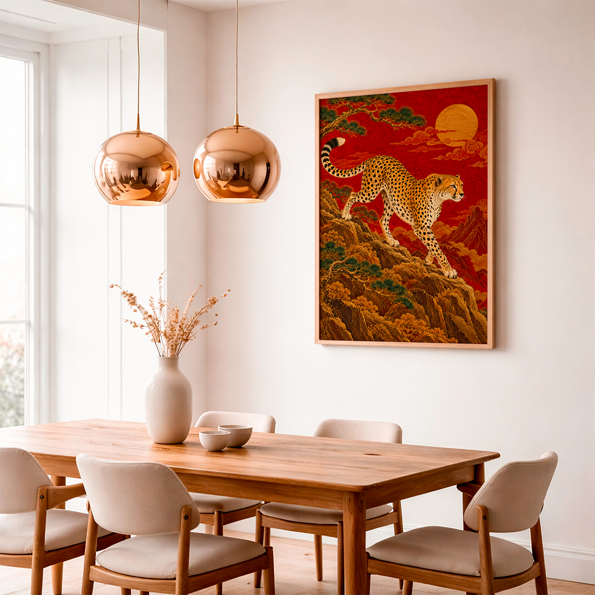 Japanese Cheetah Wall Art – Red and Gold Oriental Wildlife Poster, Vintage Asian Landscape Print