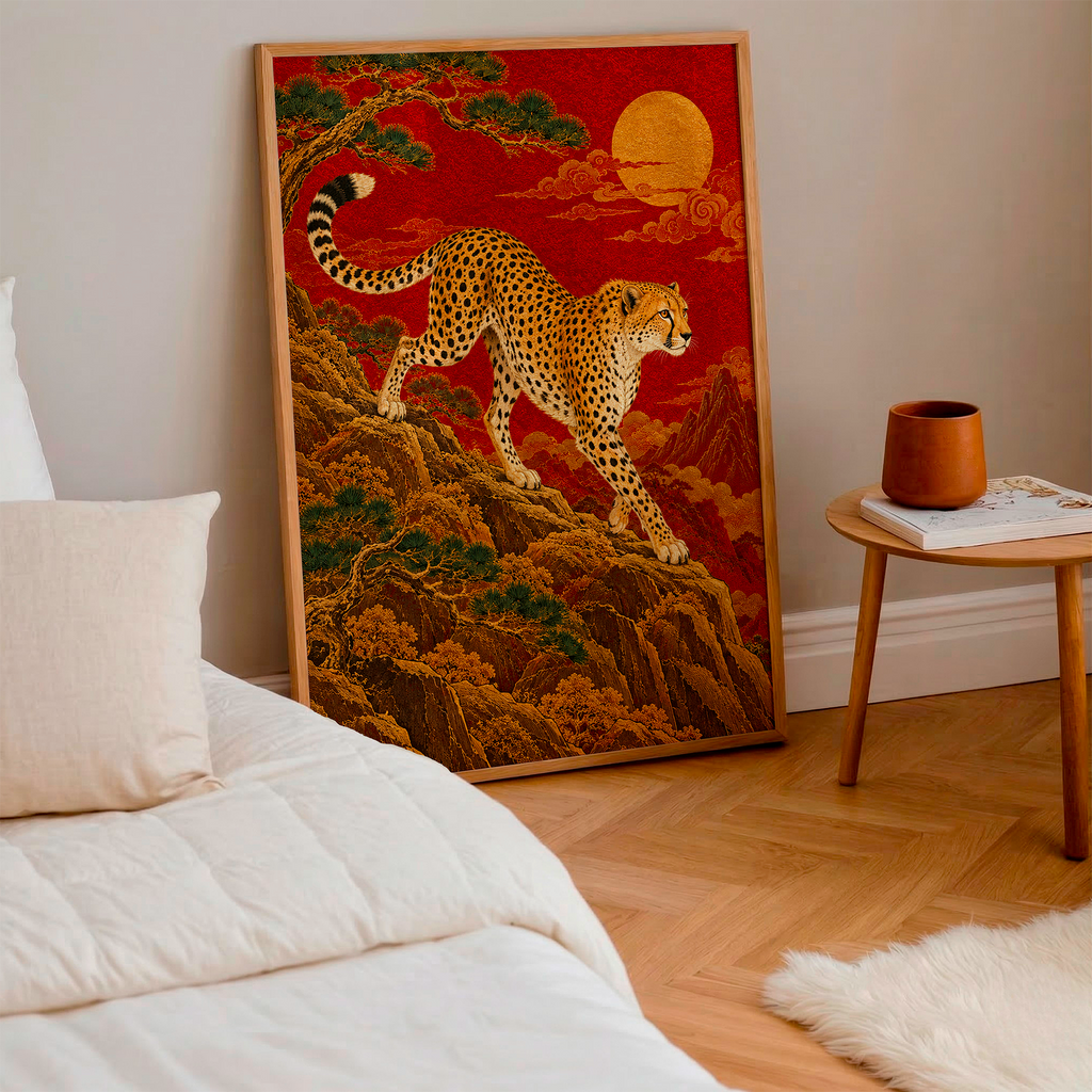 Japanese Cheetah Wall Art – Red and Gold Oriental Wildlife Poster, Vintage Asian Landscape Print