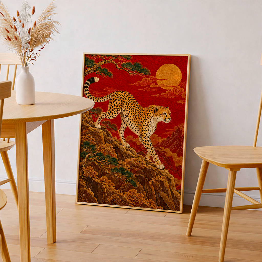 Japanese Cheetah Wall Art – Red and Gold Oriental Wildlife Poster, Vintage Asian Landscape Print