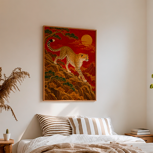 Japanese Cheetah Wall Art – Red and Gold Oriental Wildlife Poster, Vintage Asian Landscape Print