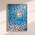 Blue school of fish swimming in a circular formation on a textured light blue ocean background, contemporary coastal art print.