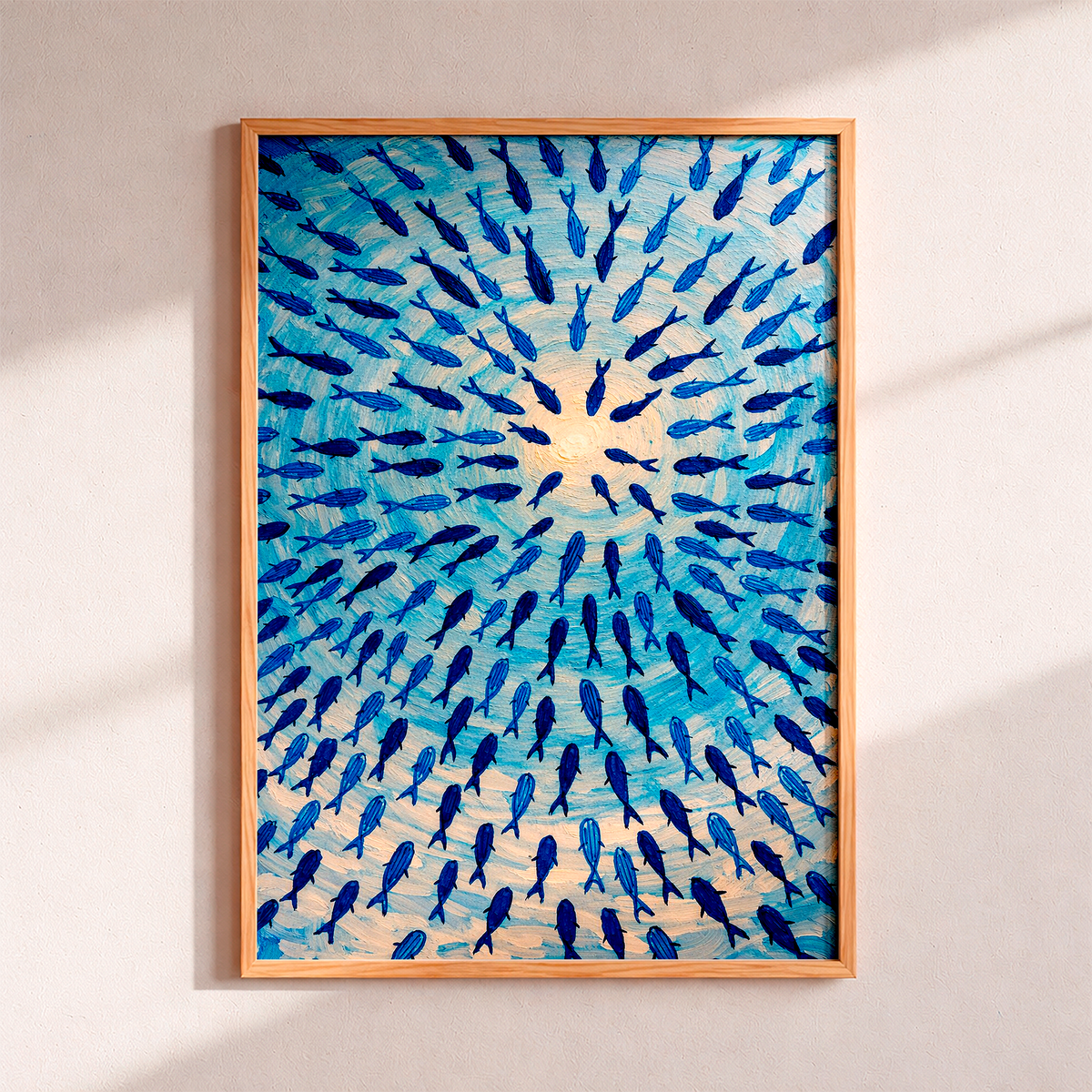 Blue school of fish swimming in a circular formation on a textured light blue ocean background, contemporary coastal art print.